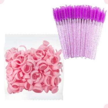 Imagem de Kit 100 Anel Batoque Descartavel P + 50 Escovinha Roxa Cilios Sobrancelha Cola Henna