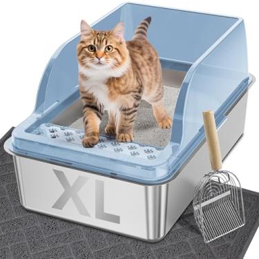 Imagem de UPSKY Caixa de areia para gatos de aço inoxidável com tampa, caixa de areia grande de metal GG para raças grandes, bandeja de areia fechada para gatinhos com laterais altas, à prova de vazamento e
