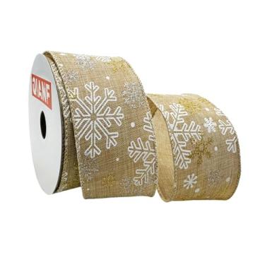 Imagem de QIANF Fita de Natal com fio de juta falsa de floco de neve com glitter para decoração de Natal, enfeite de árvore, embrulho de presente, guirlanda de guirlanda, 6,3 cm x 10 jardas (bronzeado)