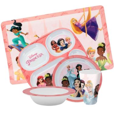 Imagem de Kit Refeição Infantil Princesas Disney 5 Peças Prato Divisória, Prato Fundo, Tigela e Copo Melamina - Tuut