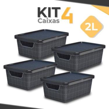 Imagem de Kit 4 Cesto Caixa Organizadora Jutta 2 Litros Preta C/ Tampa que Encai