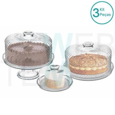 Imagem de Conjunto 2 Boleiras com e sem Pé Bico de Jaca e Queijeira de Vidro Vit