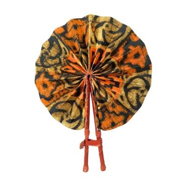 Imagem de Generic Leque dobrável de mão colorido com estampa africana de Ankara com alças de couro, leque dobrável de tecido africano portátil (Style-B08), grande