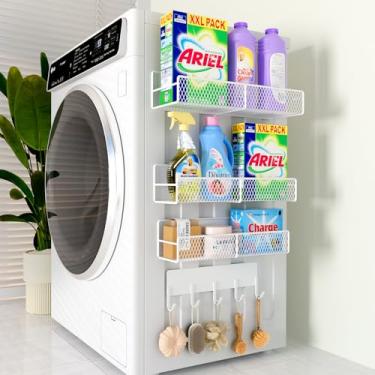 Imagem de Pacote com 4 prateleiras magnéticas para máquina de lavar, organizador magnético de lavanderia resistente com ganchos, prateleira de máquina de lavar para geladeira, cestas de armazenamento de metal