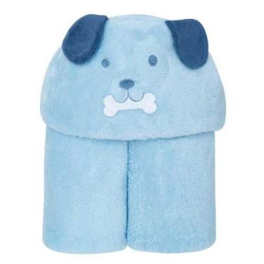 Imagem de Cobertor Capuz Bebê Bordado Cachorro Azul Fofinho