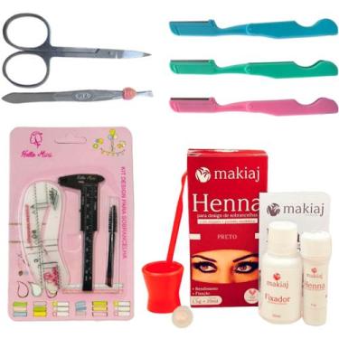 Imagem de Kit Designer Sobrancelhas Henna Makiaj Pinça Tesoura Navalha Pincel Pa