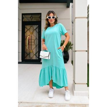 Imagem de Vestido Longo Básico De Algodão Samantha - B&C Fashion, M, Verde água