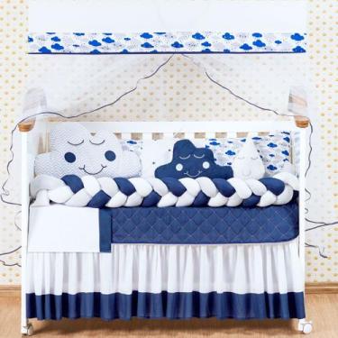 Imagem de Kit Berço Trançado Completo Chuva de Amor Cabeceira Nuvem Marinho Gota