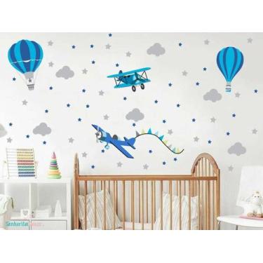 Imagem de Adesivo De Parede Decoração Quarto Menino Avião Balão Amarel - senhori