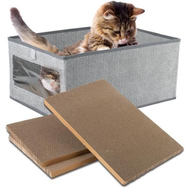 Imagem de Kichwit Almofadas grandes para arranhar gatos, 3 peças de papelão arranhador para gatos com uma caixa, placa reversível para arranhar gatos, 42 x 29,7 cm (grande)