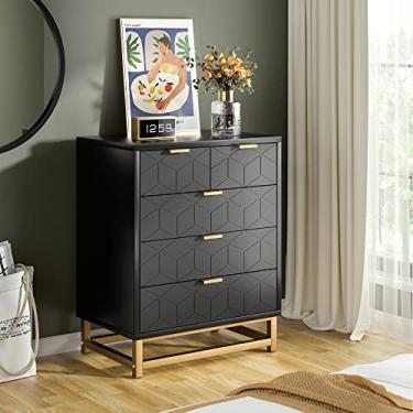 Imagem de GAOMON Cômoda preta com 5 gavetas para quarto, cômoda de madeira com pernas de metal, organizador moderno de armário de cômoda de armazenamento, cômoda grande para sala de estar, corredor, armário
