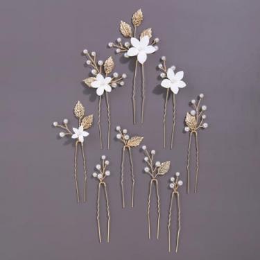 Imagem de Grampos de cabelo feitos à mão para noivas, 9 peças, flor branca, folha dourada, pérolas, clipes, acessórios de cabelo para mulheres