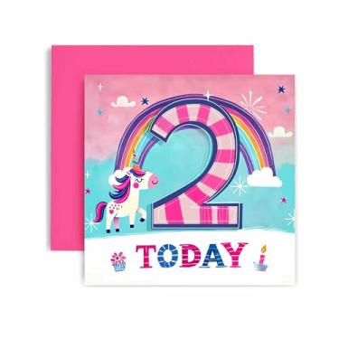 Imagem de Huxters Cartão de aniversário de 2º aniversário para menina - Cartão de aniversário de 2º unicórnio para ela You are 2 Today - Cartão de aniversário mágico para filha neta 14,8 cm (2º)