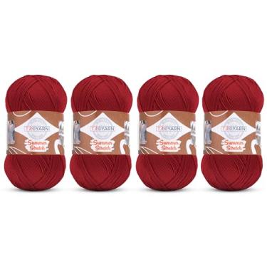 Imagem de Troyarn Summer Stretch (pacote com 4 novelos) com efeito sedoso, crochê, 100% microfibra elástica, biquíni, acrílico, maioquíni, pareo, blusa curta, fio de roupas, 4 x 100 g (114106-vermelho)