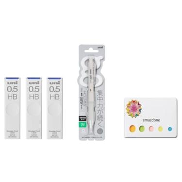 Imagem de amazdone Lapiseira uni Alpha Gel switch 0,5 mm, corpo cinza (M51009GG1P.23) + grafite de lapiseira uni, conjunto de notas adesivas Uni à prova de manchas 0,5 mm HB 3