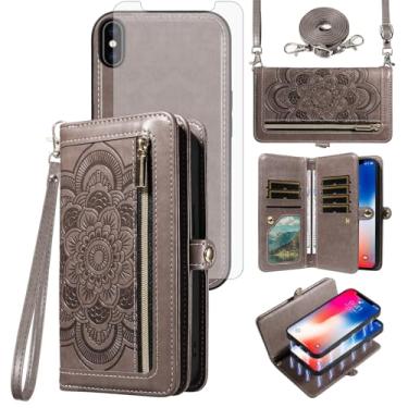 Imagem de Asuwish Capa de telefone para iPhone Xs X 10 10s carteira com zíper capa celular com protetor de tela de vidro temperado, alça transversal, porta-cartões de flores, iPhoneX, iPhoneXs, iPhone10 i,