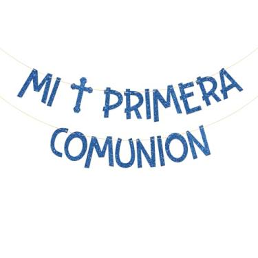 Imagem de Faixa Mi Primera Comunion, glitter azul, faixa de bandeira de primeira comunhão, chá de bebê, God Bless, suprimentos de decoração de festa de batismo com tema espanhol