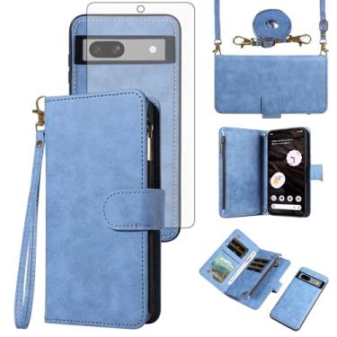 Imagem de Asuwish Capa de celular para Google Pixel 7A 5G 2023 com zíper carteira destacável com protetor de tela de vidro temperado alça transversal alça flip porta-cartões Pixel7A A7 mulheres homens meninas