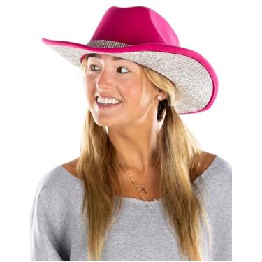 Imagem de Funky Junque Chapéus de cowboy com strass para mulheres cowgirl feltro rodeio Fedora Western Classic Bling Diamond Band Decoração, Rosa choque (feltro com acabamento em strass), Tamanho Único
