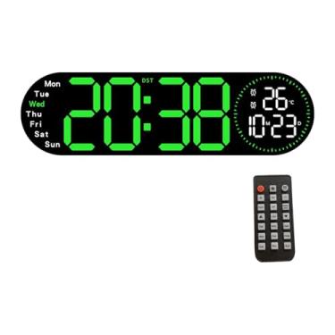 Imagem de IEUDNS Relógio de parede digital Timer de decoração de casa de alarme duplo com controle remoto Relógio de desktop LED para quarto cozinha interna da sala de, Verde
