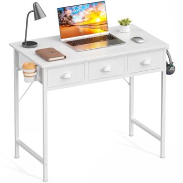 Imagem de Furologee Mesa de computador branca pequena de 81 cm com 3 gavetas de tecido, mesa de escritório em casa com suporte para copos, mesa de penteadeira com gancho para quarto, mesa de estudo para espaços