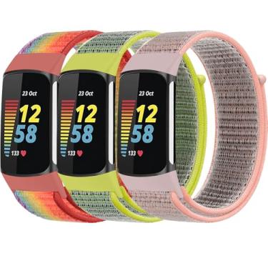 Imagem de QIEMUTER Pacote com 3 pulseiras de relógio de nylon compatíveis com Fitbit Charge 6/Fitbit Charge 5, pulseiras trançadas ajustáveis, pulseira elástica macia e respirável para Charge 6/Charge 5
