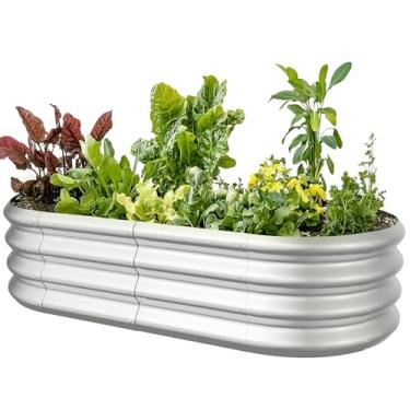 Imagem de IDEA FAMILY 1,2 x 0,6 x 0,3 m, oval, galvanizado, elevado, jardim, jardim, exterior, 9 em 1, grande caixa modular de metal, canteiros elevados para jardinagem, legumes, frutas, flores e ervas (prata)