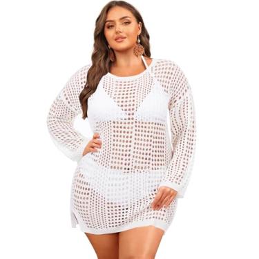 Imagem de Aqua Eve Saída de praia feminina plus size - Saída de praia de manga comprida de crochê 2025 preto, Branco, 24 Plus Size
