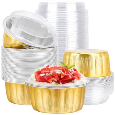 Imagem de EUSOAR Copos de cozimento de folha de alumínio com tampas, 50 peças de ramekins creme brulee de 603 g descartáveis, forros de muffin, mini formas de folha de cheesecake, recipientes de sobremesa com
