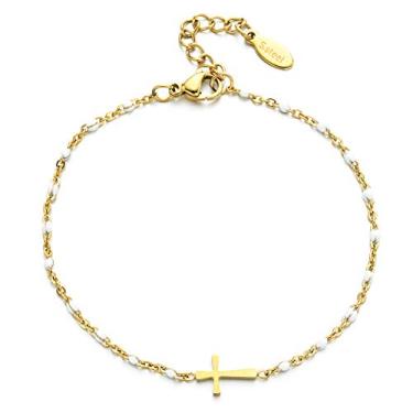 Imagem de Pulseira feminina elegante e delicada com contas cruzadas, pingente feminino, ouro 14 quilates, leve, fina, simples, minimalista, corrente de elos e joias para presente, 7, Liga metálica