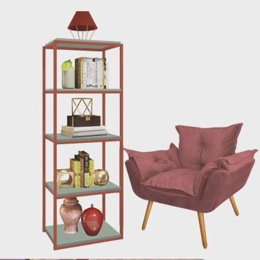 Imagem de Kit Poltrona Fatte com Estante Livreiro Ferro Bronze mdf Verde Oliva Suede Rose Gold - Ahazzo Móveis