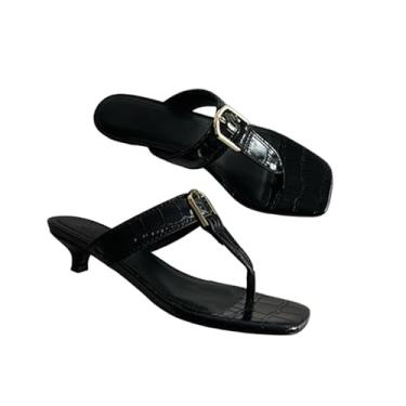 Imagem de Archicolor Sandálias femininas minimalistas, modernas, francesas, salto de gato, fivela dourada, padrão de crocodilo, sandálias de verão, Preto, 35