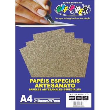 Imagem de Papel Glitter Metálico Off Paper A4 250 g/m² – Cor Ouro – Pacote com 10 Folhas – Brilho Premium para Artesanato e Convites