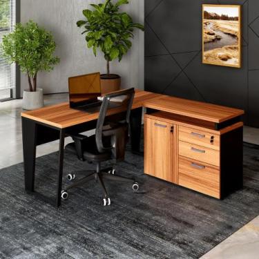 Imagem de Mesa L Escritório 1,5m Pé Metal Armário 3 Gavetas 1 Porta F5 - F5 Offi