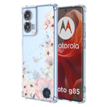 Imagem de RRXSYXL Capa para Moto G85 5G com estampa floral transparente, capa macia à prova de choque para Motorola G85 5G, borboletas de flores rosa