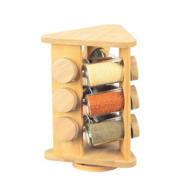 Imagem de Jogo de 9 porta condimentos em vidro com suporte giratório em bambu 70ml D18,2xA26,5cm