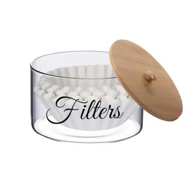 Imagem de Klmnop Suporte de filtro de café, recipiente de armazenamento de filtro de café de vidro com tampa de bambu, suporte de filtro de café rústico para casa de fazenda para balcão, decoração de acessórios