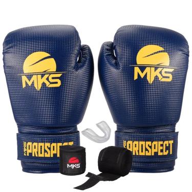 Imagem de Kit Luva Boxe Muay Thai Kickboxing Prospect Azul e Amarelo com Bandagem 2,55m e Protetor Bucal MKS-Unissex