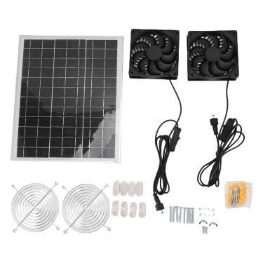 Imagem de 6.7in Kit de Ventilador Duplo Alimentado a Energia Solar, 75W Monocristal Painel de Silício Ipx7 Fãs de Metal Shell Film Kit para Garagem para Telhado de Animais de Estimação,