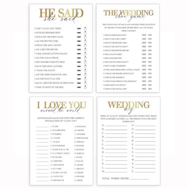 Imagem de Jogo de chá de panela dourado de 60 peças para convidados, suprimentos de festa de noivado de casamento, 4 jogos incluídos - I Love You around World, He Said She Said, jogo de sapatos de casamento,