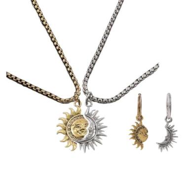 Imagem de KONPJE Colar combinando com sol e lua para mulheres, dourado, prata, luas e sóis, colares para casais combinando com declaração celestial assimétrica para dia dos namorados, Small, Liga de aço, Sem