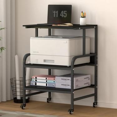 Imagem de STEELIST Suporte de impressora com armazenamento, carrinho de impressora grande, mesa de escritório para scanner, fax, prateleiras de madeira ajustáveis de 3 níveis, mesa de armazenamento doméstico