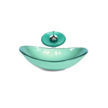 Imagem de Cuba de vidro oval 55cm  verde + valvula + torneira cascata - Cubas e 