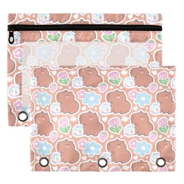 Imagem de Capybara Bolsas de fichário 3 anéis para meninos meninas escola escritório faculdade suprimentos bonitos flores de morango padrão bolsa de lápis bolsa bolsa com janela transparente e zíper pacote com