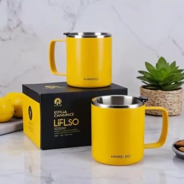 Imagem de Caneca Térmica Parede Dupla em Aço Inox Amarela 600ml com Canudo - Estilo Liso