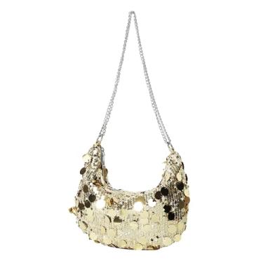Imagem de MINGSEECESS Bolsa de ombro feminina moderna de lantejoulas com corrente de metal com glitter, Dourado, One Size