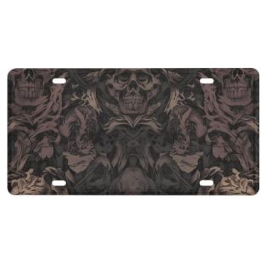 Imagem de Papel de parede gótico para paredes crânio damasco placa de carro etiquetas personalizadas de carro capas de placa de carro à prova de ferrugem para suportes de placa de carro e caminhão 30 cm x 15 cm