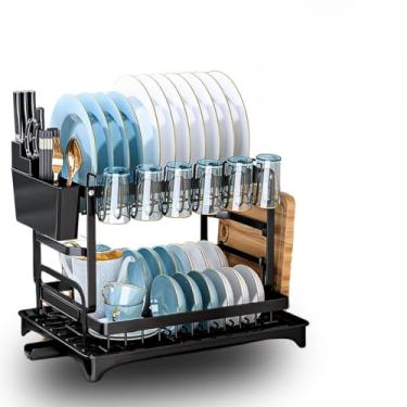 Imagem de Escorredor de Louça 2 Andares Preto com Porta-Talheres Inox – Organizador de Pia com Bandeja Coletora, Suporte para Copos, Pratos e Talheres – Aço Resistente para Cozinha Compacta ou Balcão