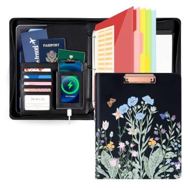 Imagem de Ospelelf Prancheta com armazenamento para homens e mulheres, portfólio de couro com zíper, fichário de 3 anéis de 2,5 cm, 5 divisórias, bloco de notas para tamanho carta, fecho elástico e laço para