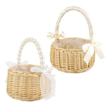 Imagem de YIYA Cesta de vime para meninas de casamento, com alça de pérola, cesta de flores de vime para piquenique ao ar livre, casa, casamento, decoração de jardim